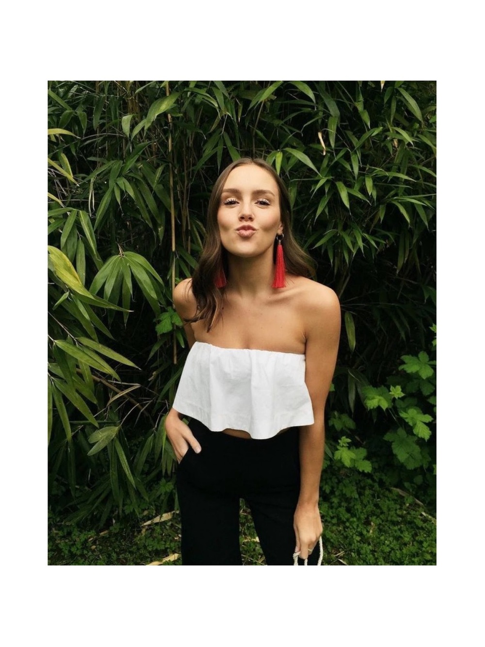 Babaton White Strapless Ruffle Crop Top